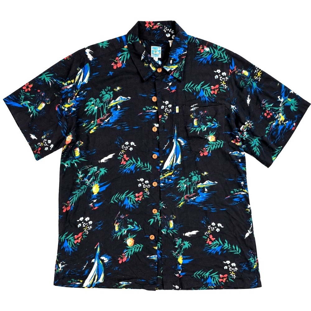 Pineapple Moon Hawaiian Shirt Men's XL Sailboat Palm Tree Tropical Resortwear